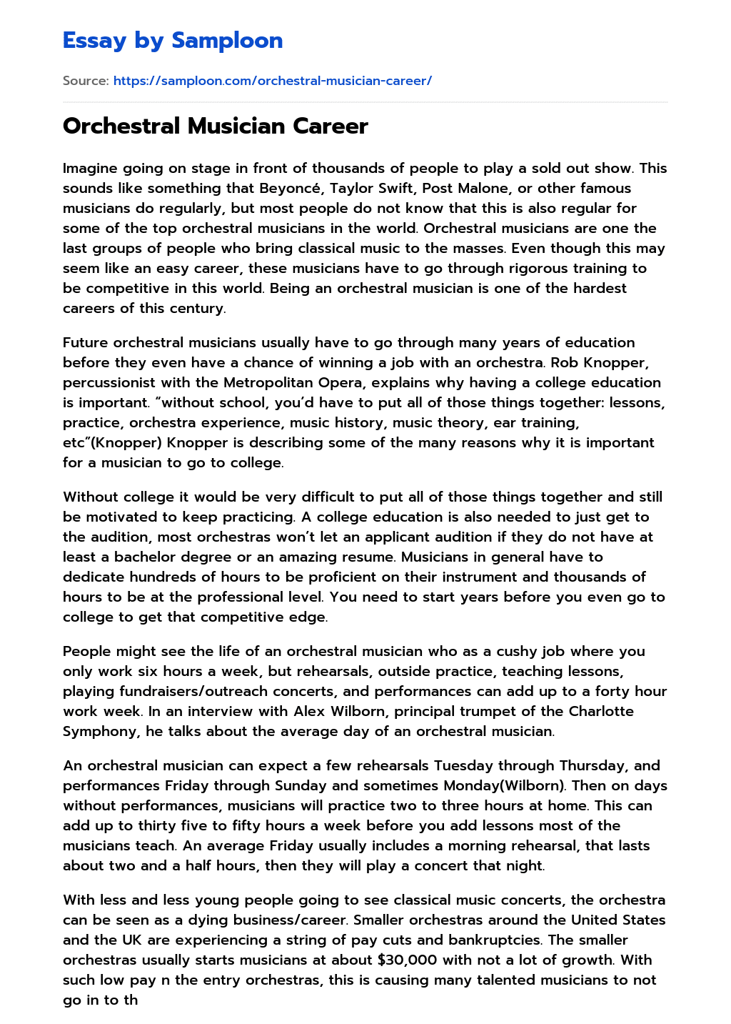 ≫ Orchestral Musician Career Free Essay Sample on