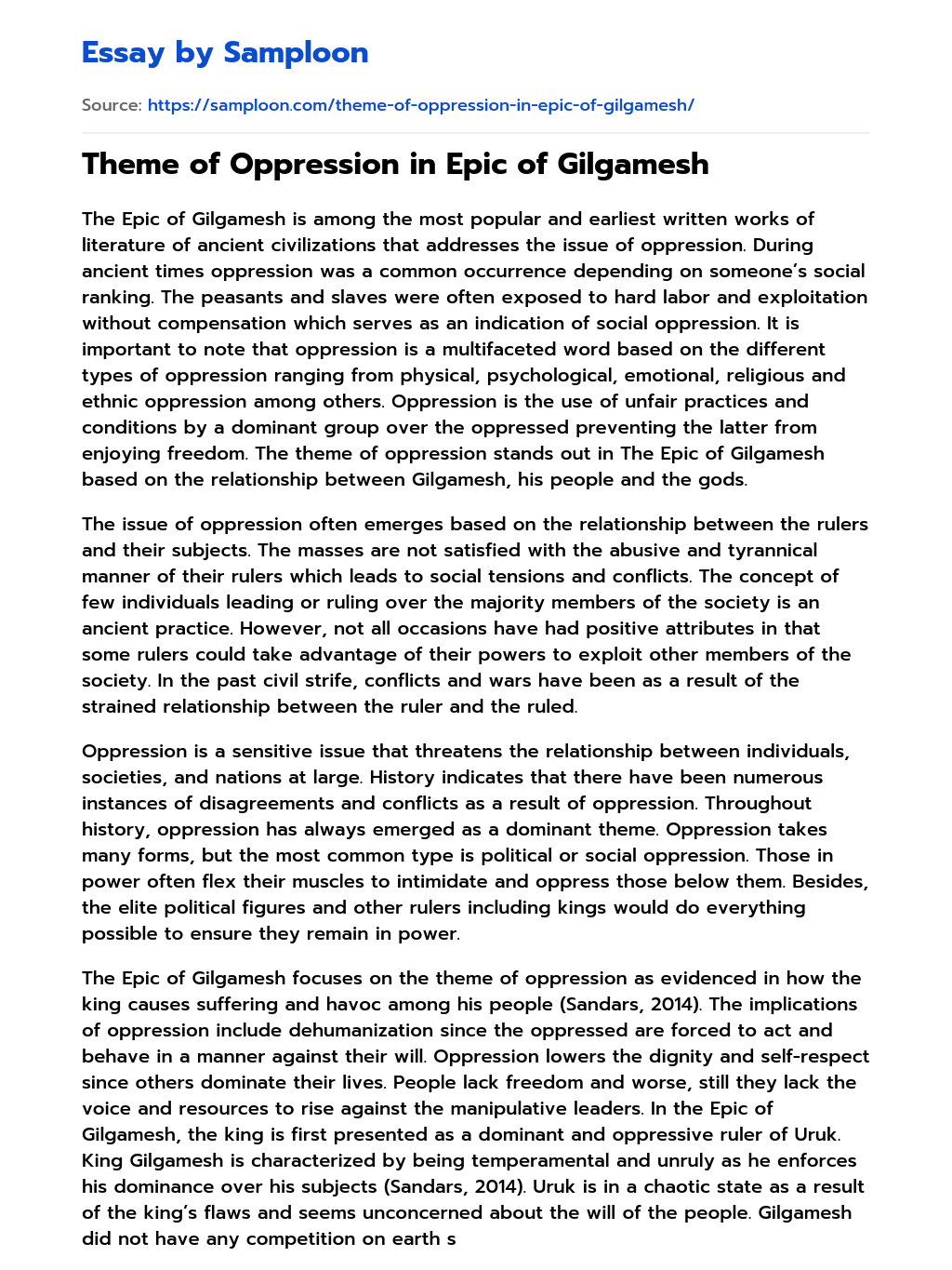 Theme of Oppression in Epic of Gilgamesh Analytical Essay on