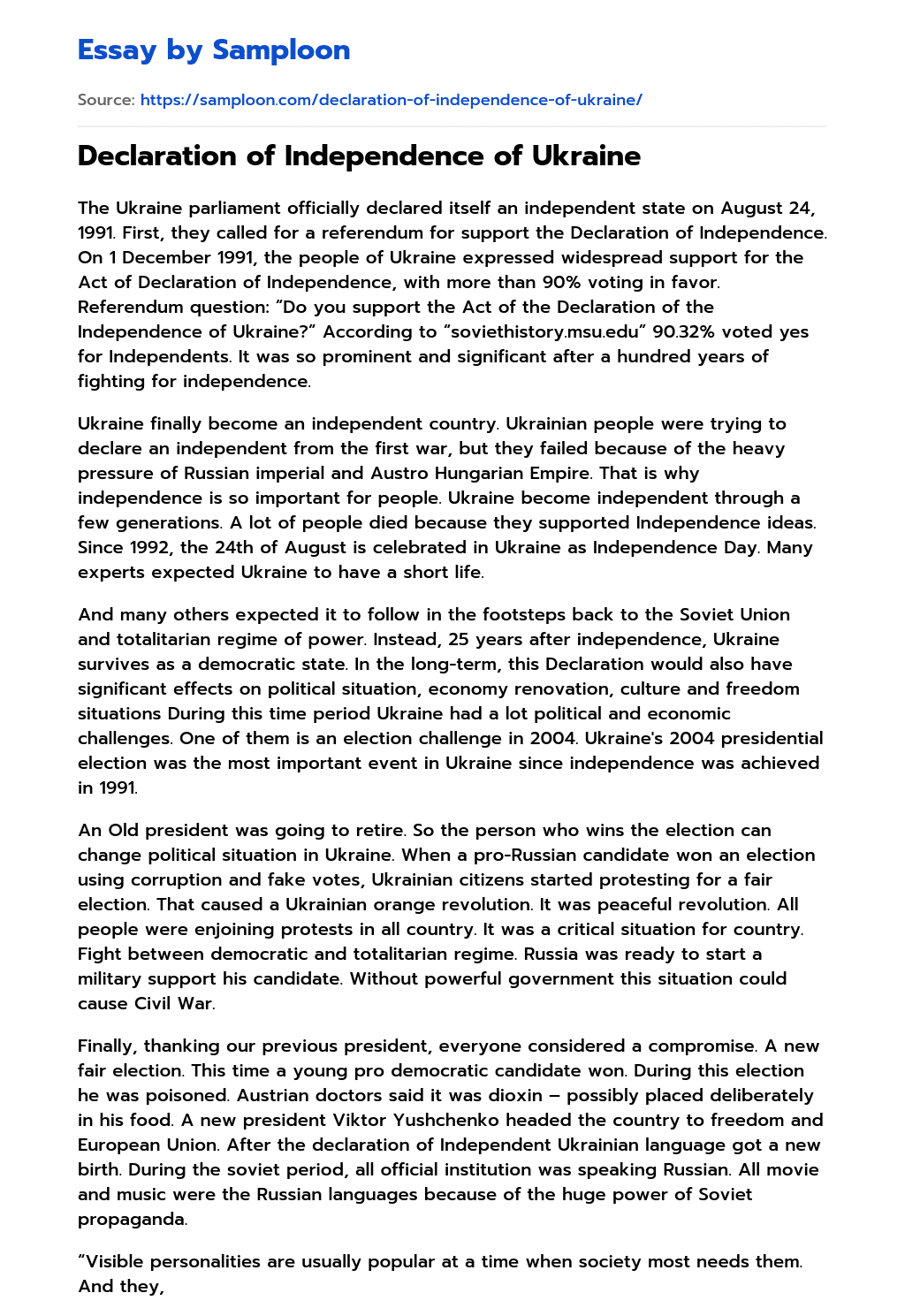 ≫ Declaration of Independence of Ukraine Free Essay Sample on