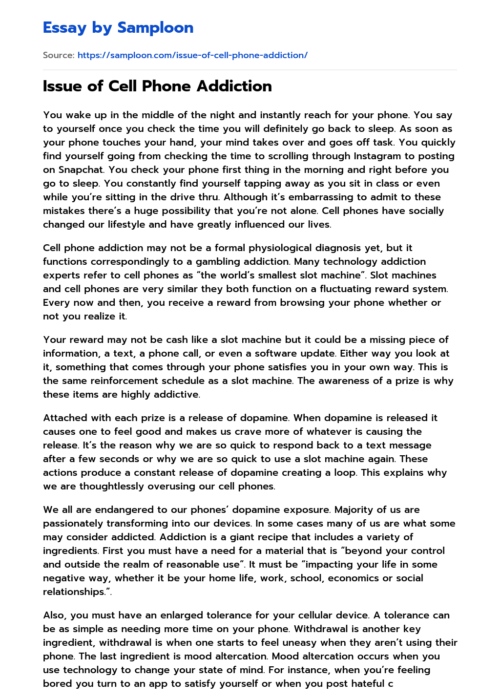 ≫ Issue of Cell Phone Addiction Free Essay Sample on