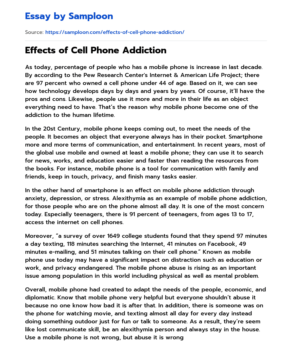 ≫ Effects of Cell Phone Addiction Free Essay Sample on