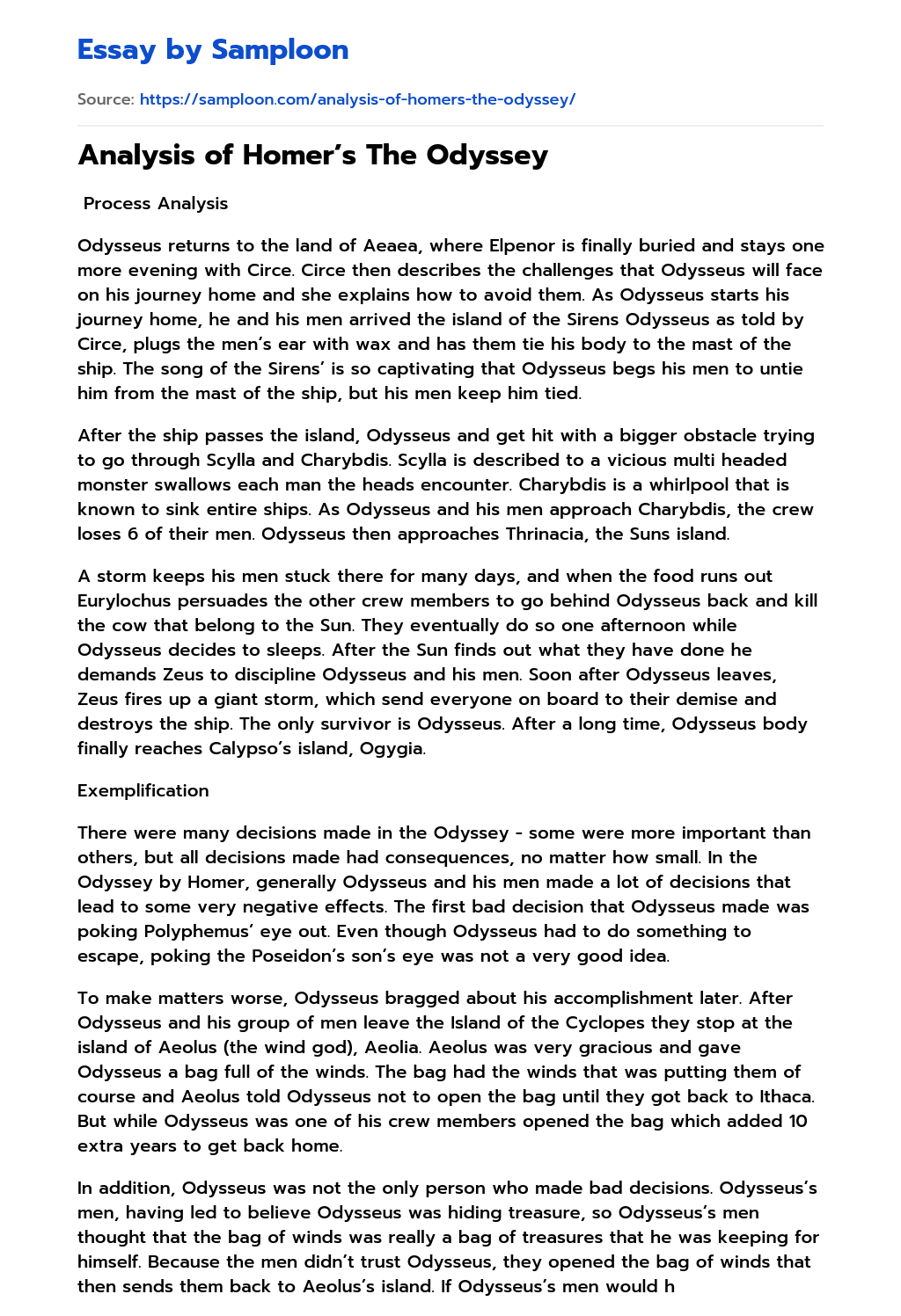 ≫ Analysis of Homer’s The Odyssey Free Essay Sample on