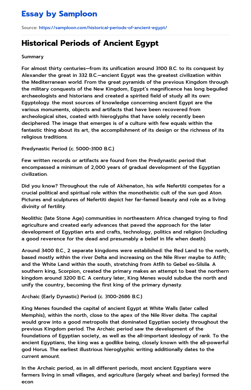 ≫ Historical Periods of Ancient Egypt Free Essay Sample on