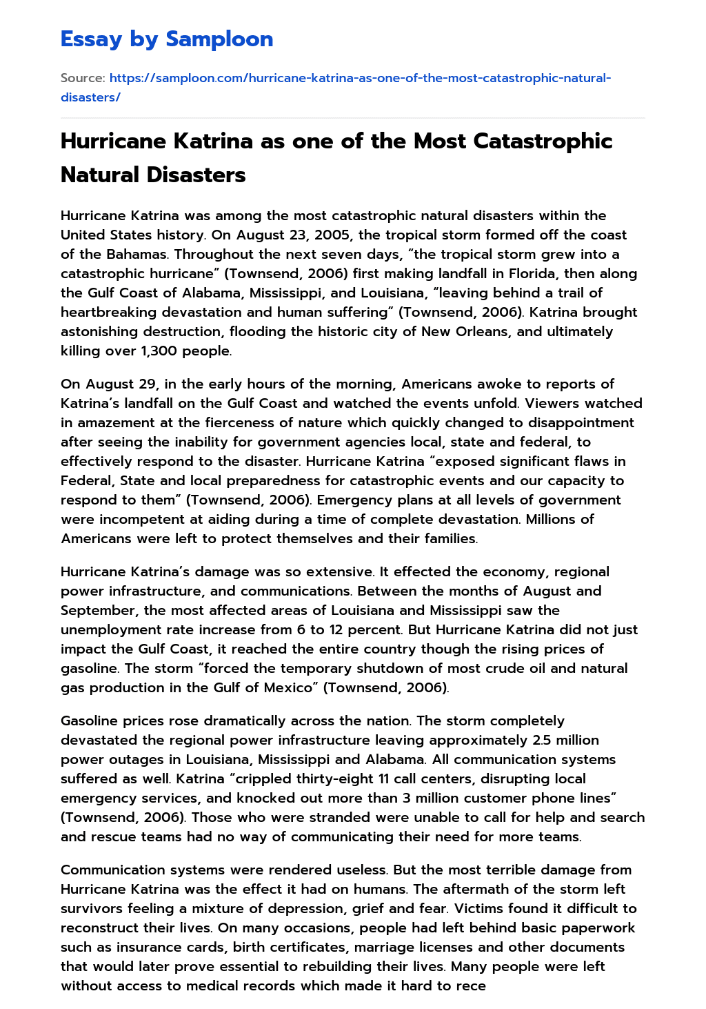 ≫ Hurricane Katrina as one of the Most Catastrophic Natural Disasters