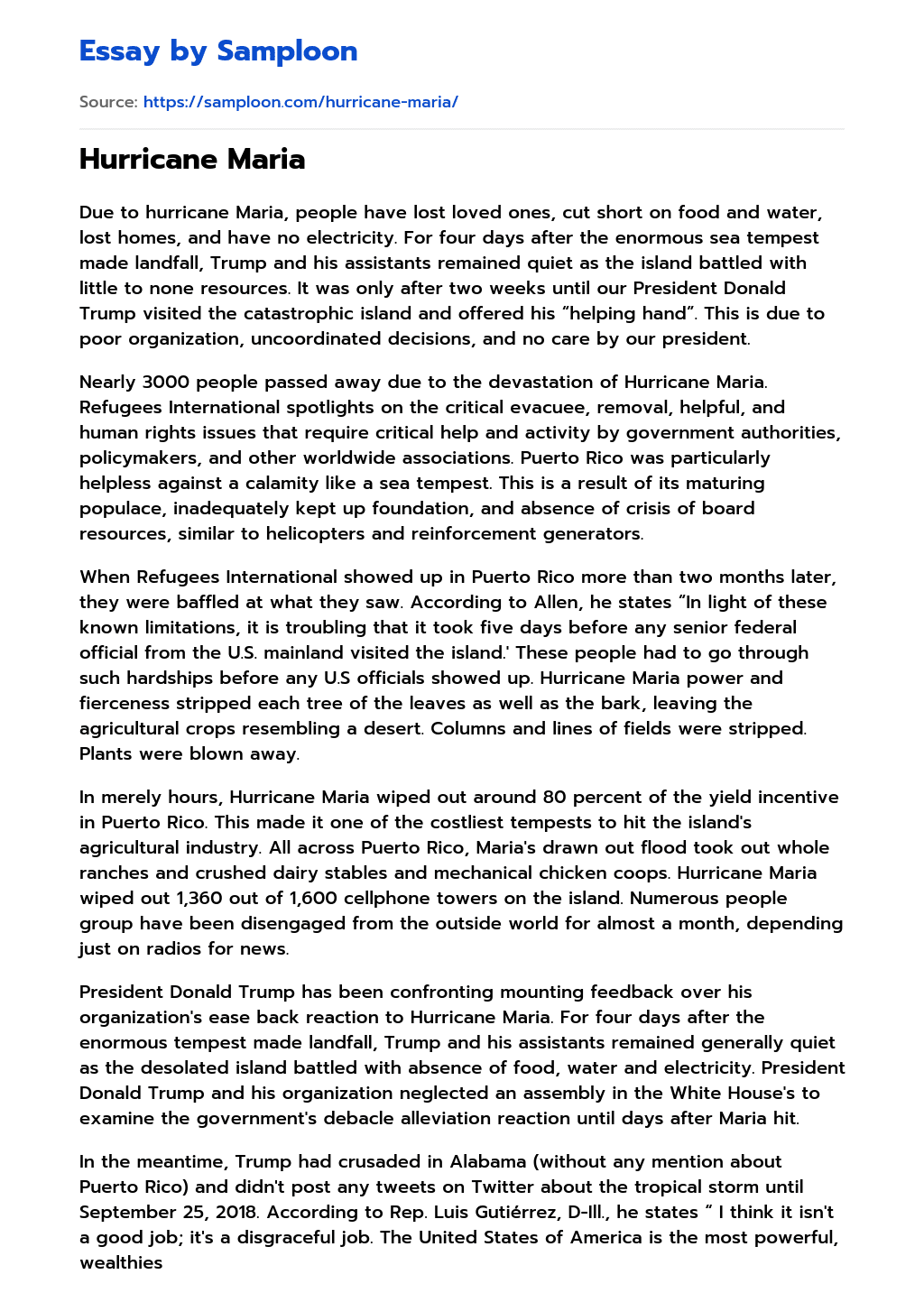 ≫ Hurricane Maria Free Essay Sample on