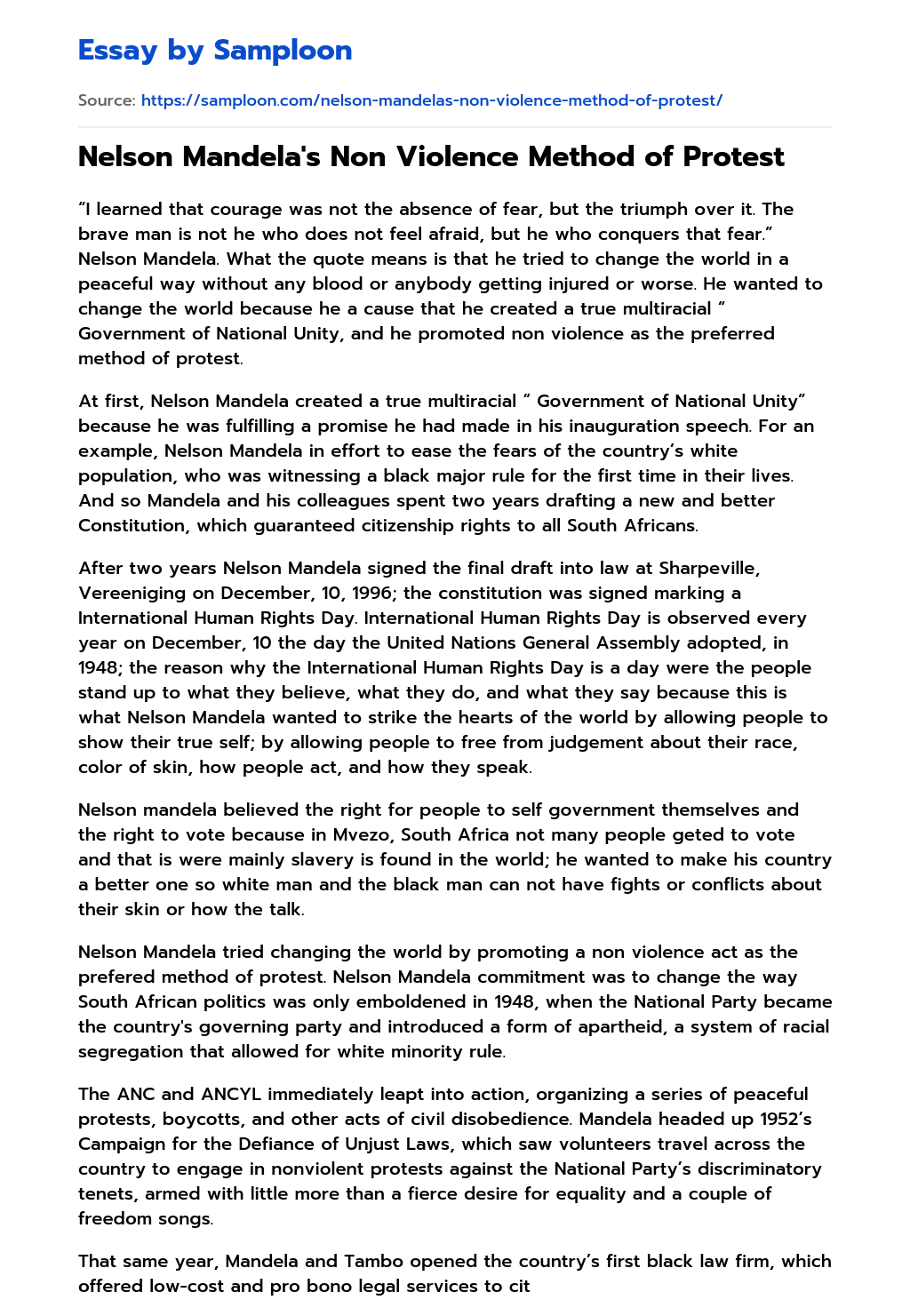 ≫ Nelson Mandela's Non Violence Method of Protest Free Essay Sample on