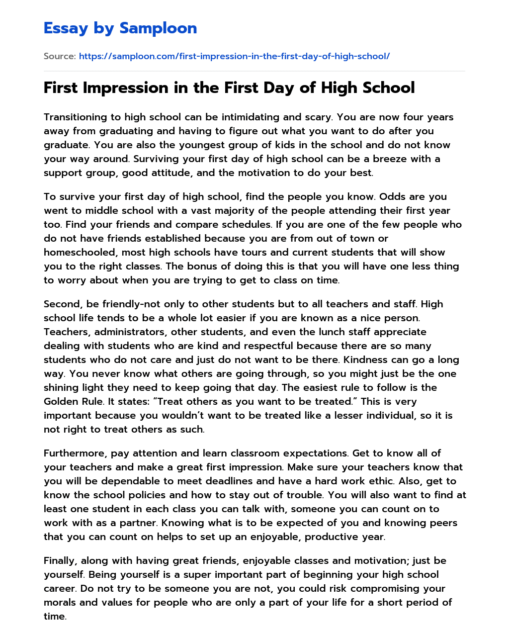 ≫ First Impression in the First Day of High School Free Essay Sample on