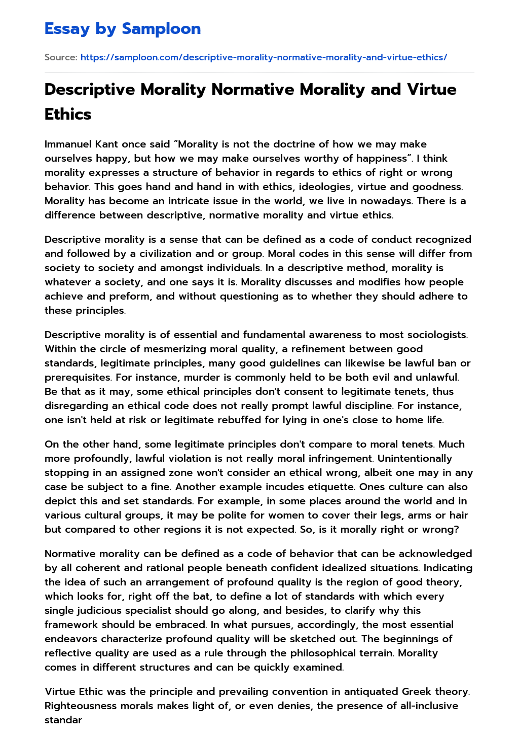 Descriptive Morality Normative Morality and Virtue Ethics Argumentative