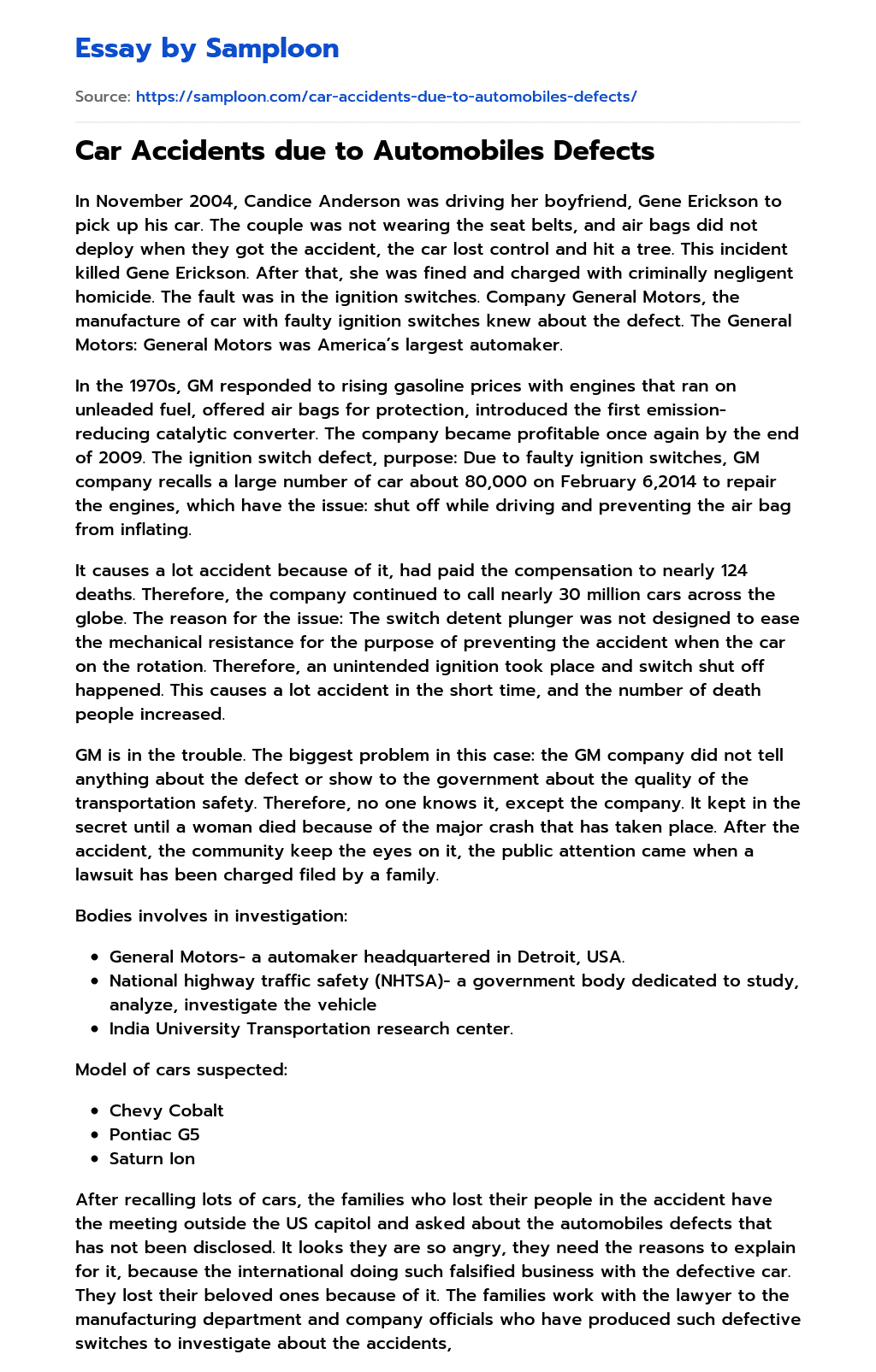 ≫ Car Accidents due to Automobiles Defects Free Essay Sample on