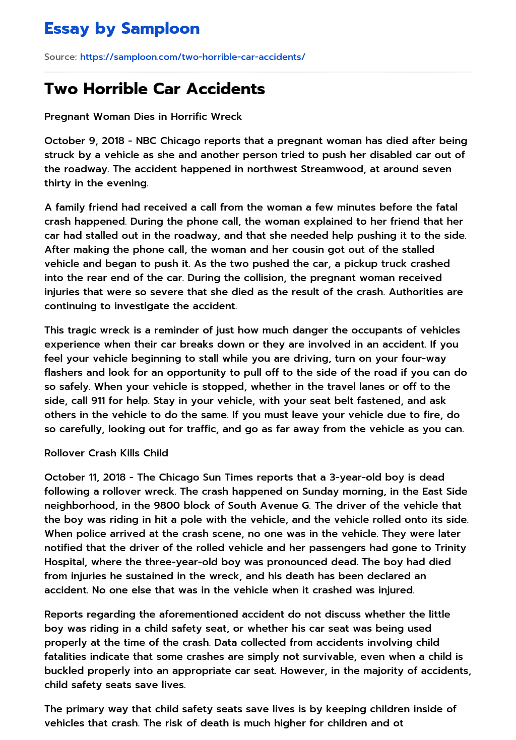 ≫ Two Horrible Car Accidents Free Essay Sample on