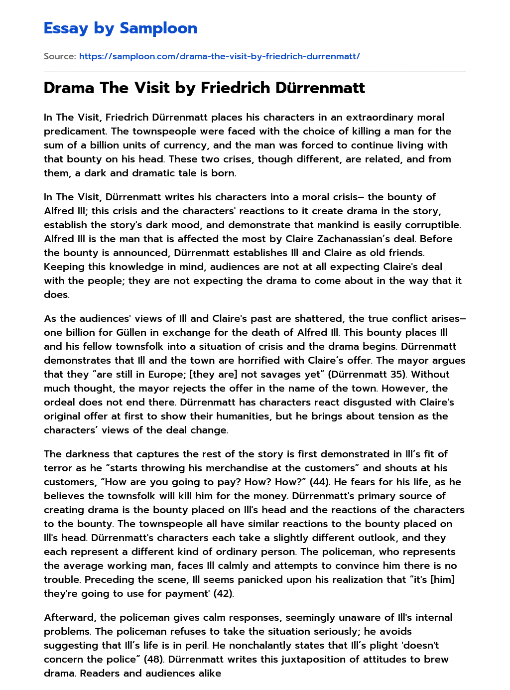 Drama The Visit by Friedrich Dürrenmatt Free Essay Sample on