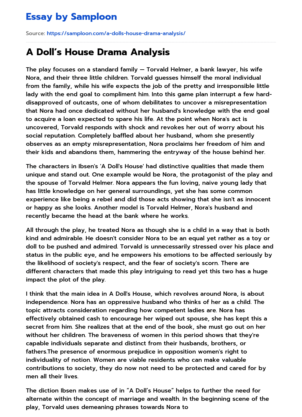 ≫ A Doll’s House Drama Analysis Free Essay Sample on