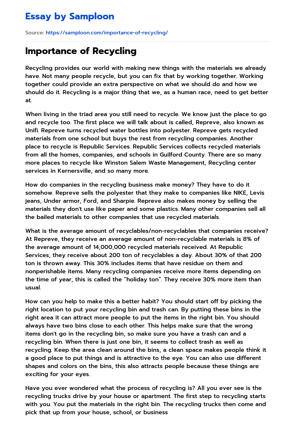 ≫ Importance of Recycling Free Essay Sample on