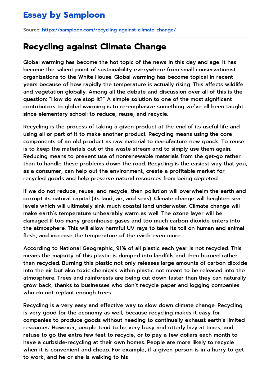 ≫ Recycling against Climate Change Free Essay Sample on