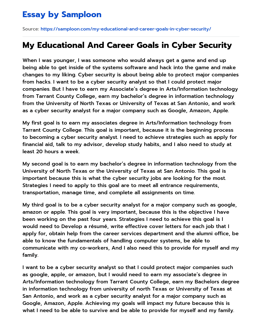 ≫ My Educational And Career Goals in Cyber Security Free Essay Sample