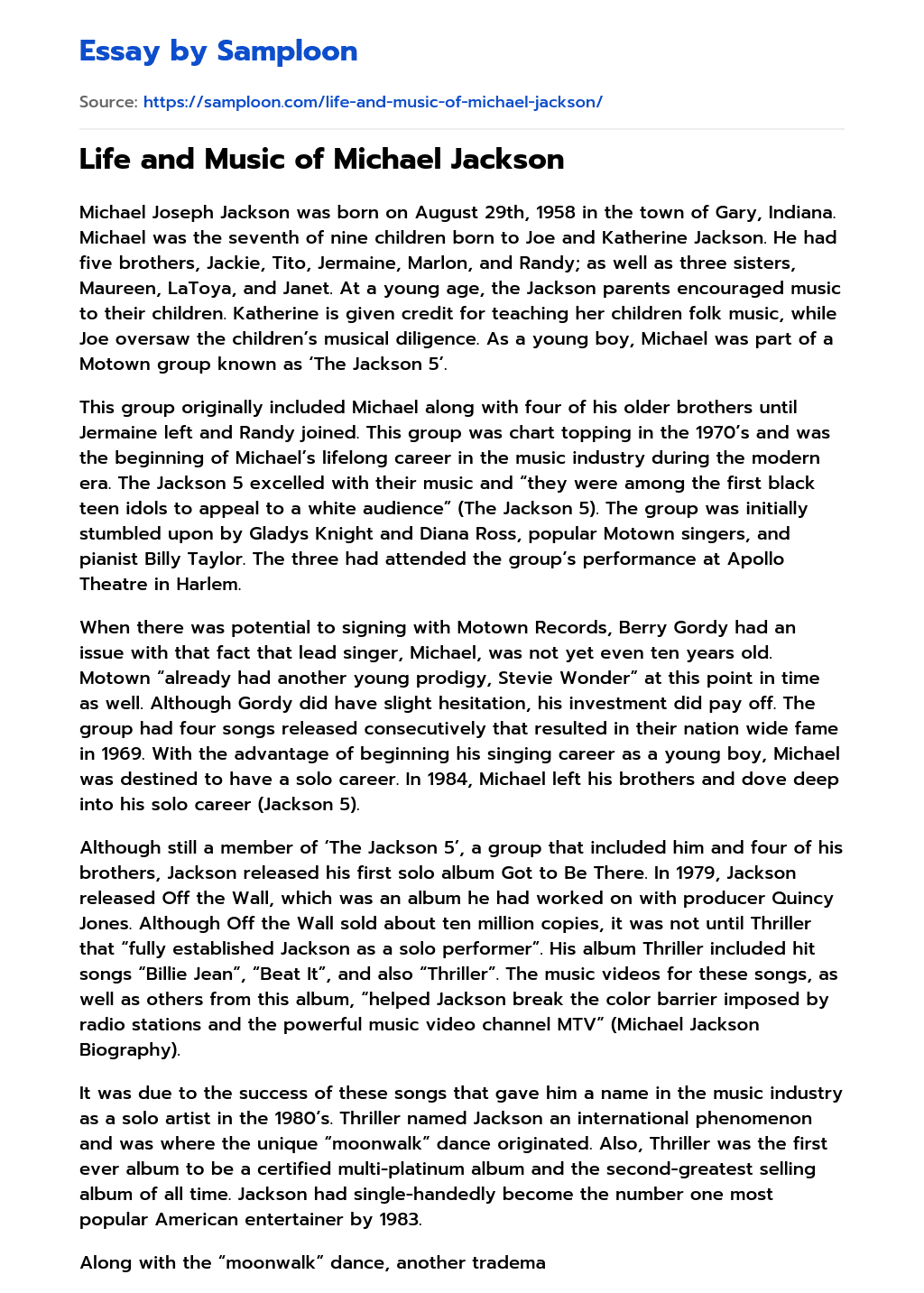 ≫ Life and Music of Michael Jackson Free Essay Sample on