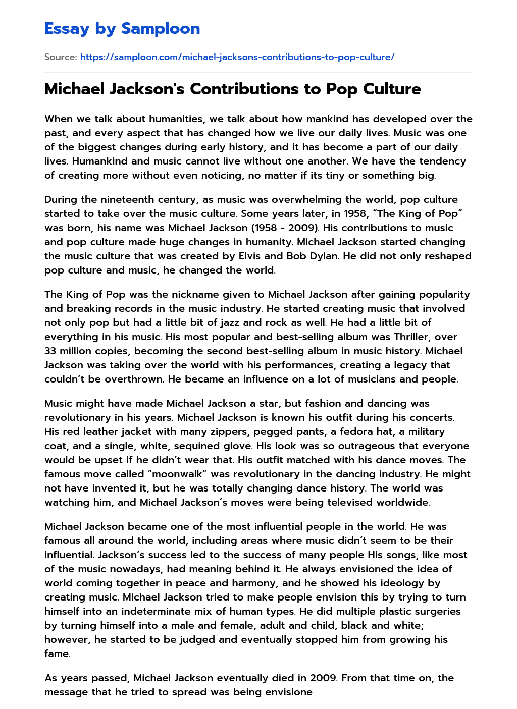 Michael Jackson's Contributions to Pop Culture Analytical Essay on