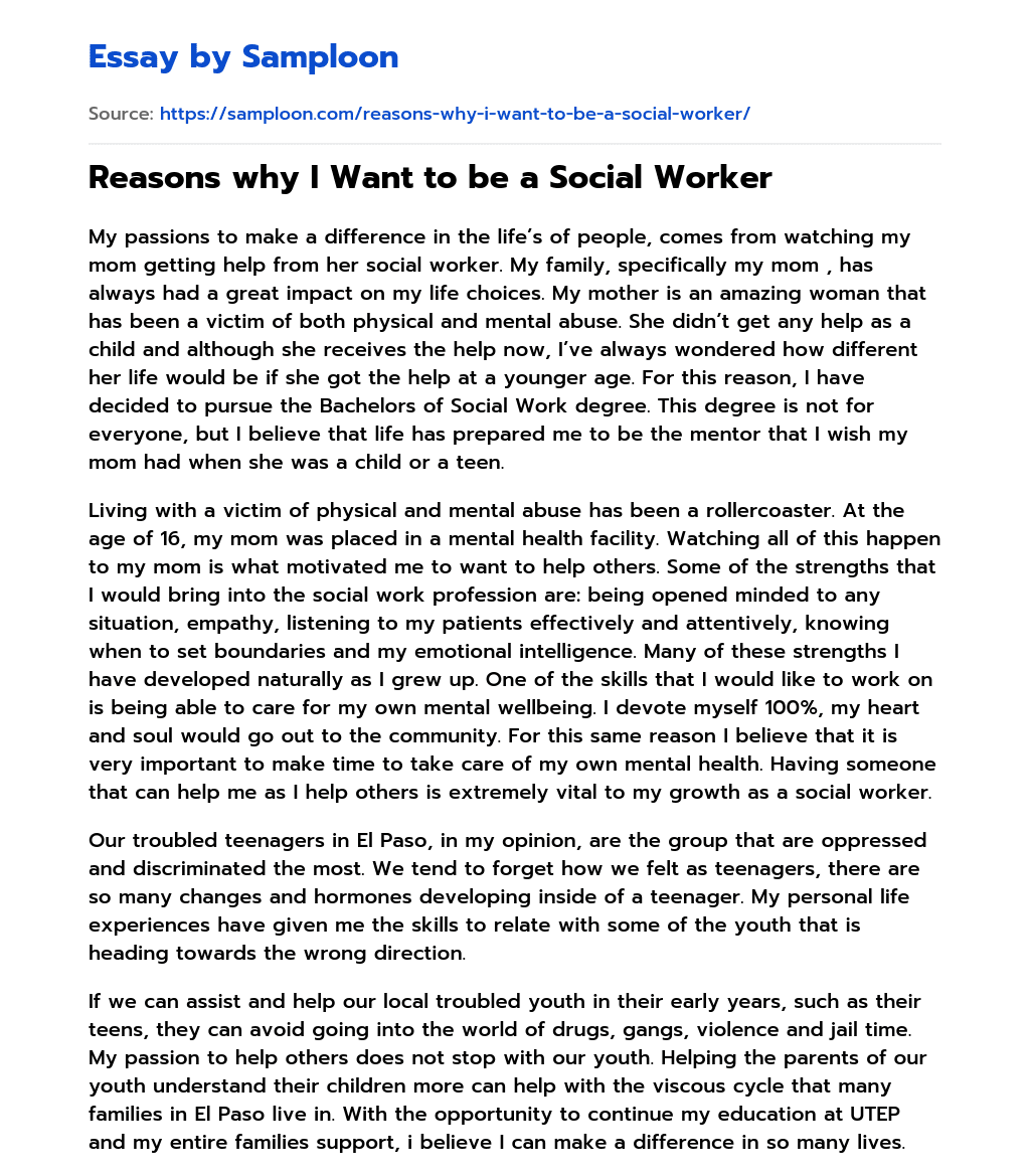 ≫ Reasons why I Want to be a Social Worker Free Essay Sample on