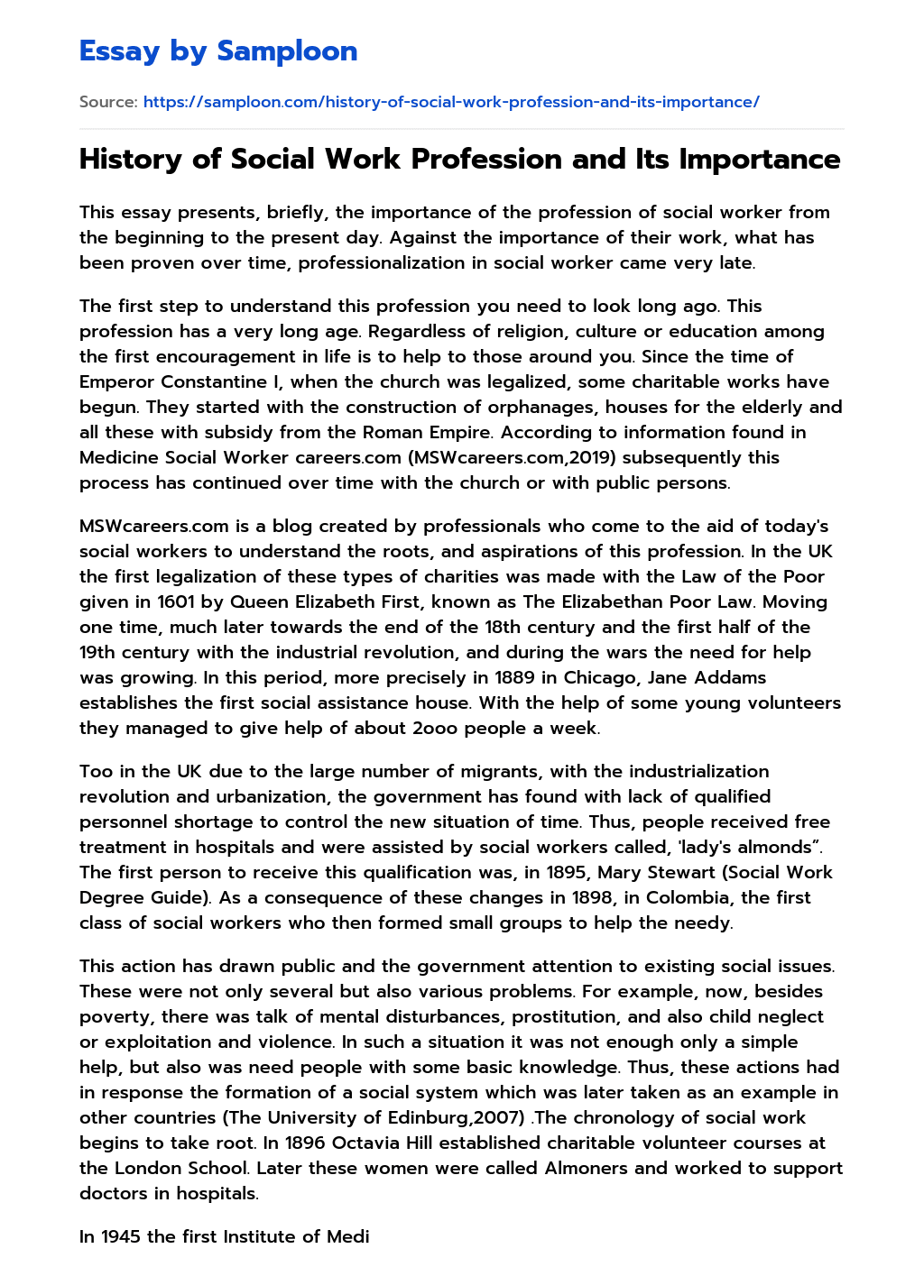 ≫ History of Social Work Profession and Its Importance Free Essay