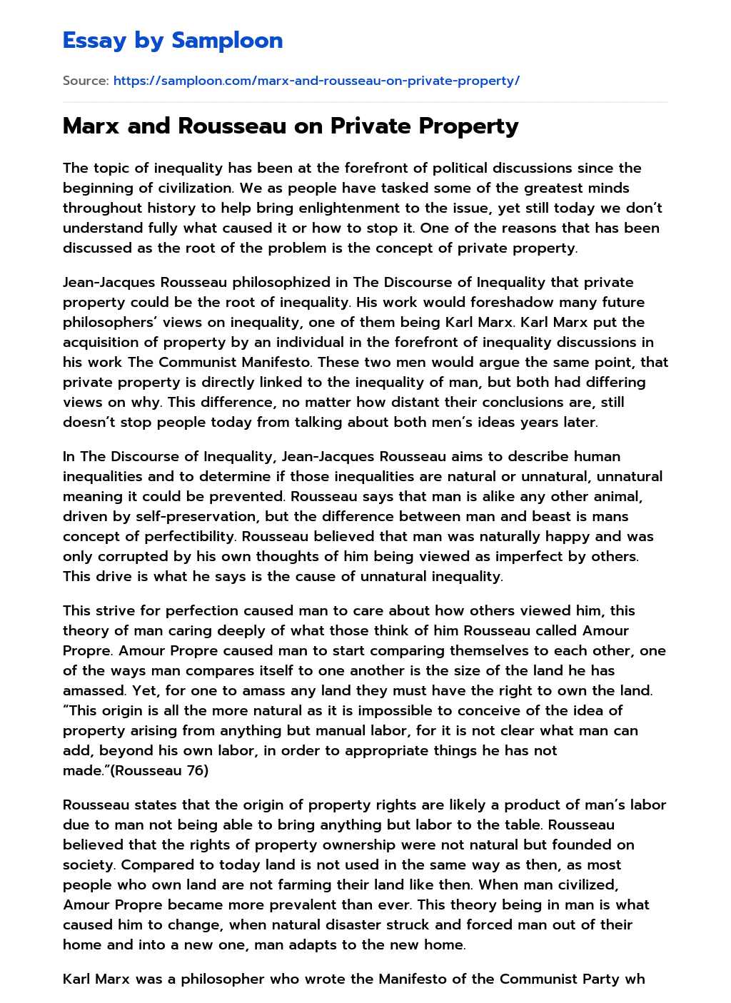 Marx and Rousseau on Private Property Personal Essay on