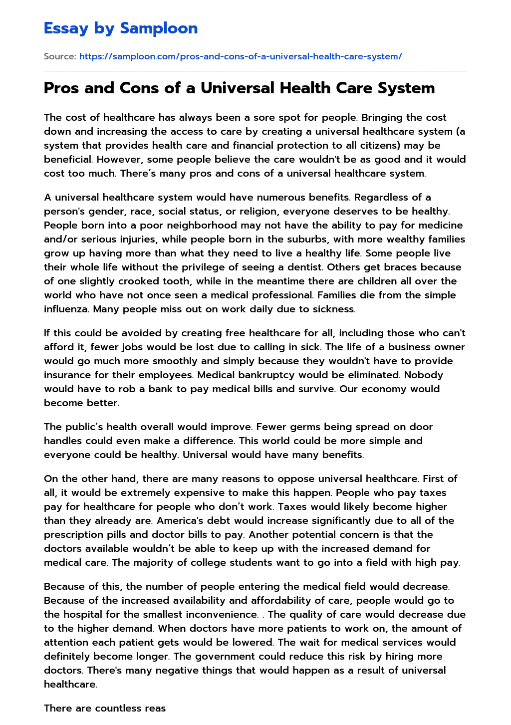 ≫ Pros and Cons of a Universal Health Care System Free Essay Sample on