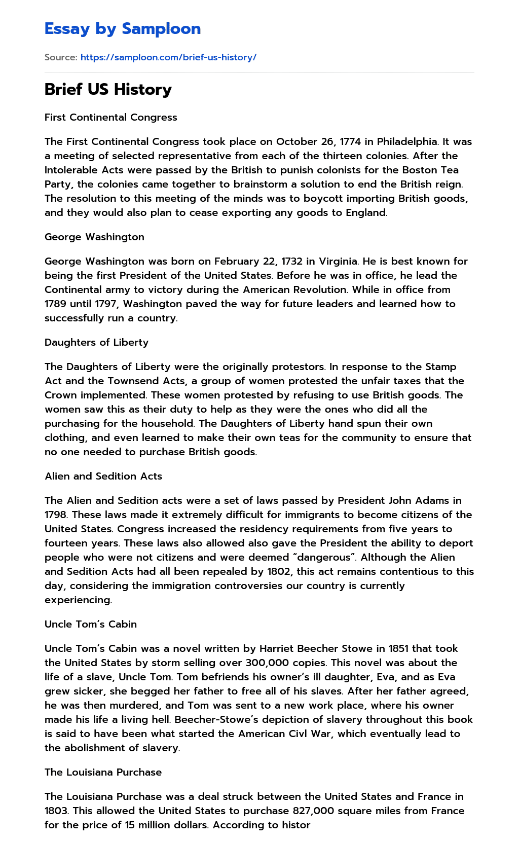 ≫ Brief US History Free Essay Sample on