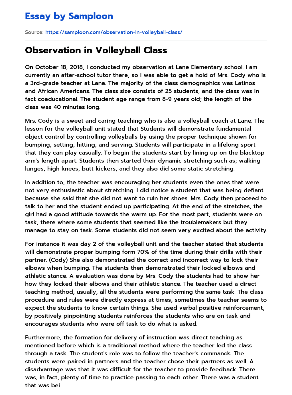 ≫ Observation in Volleyball Class Free Essay Sample on