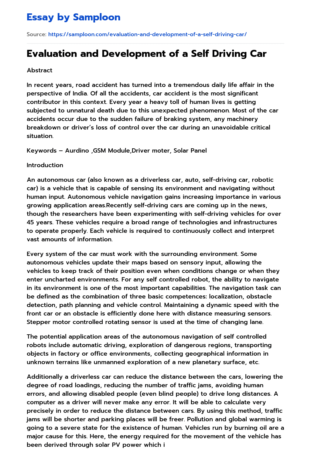 ≫ Evaluation and Development of a Self Driving Car Free Essay Sample on