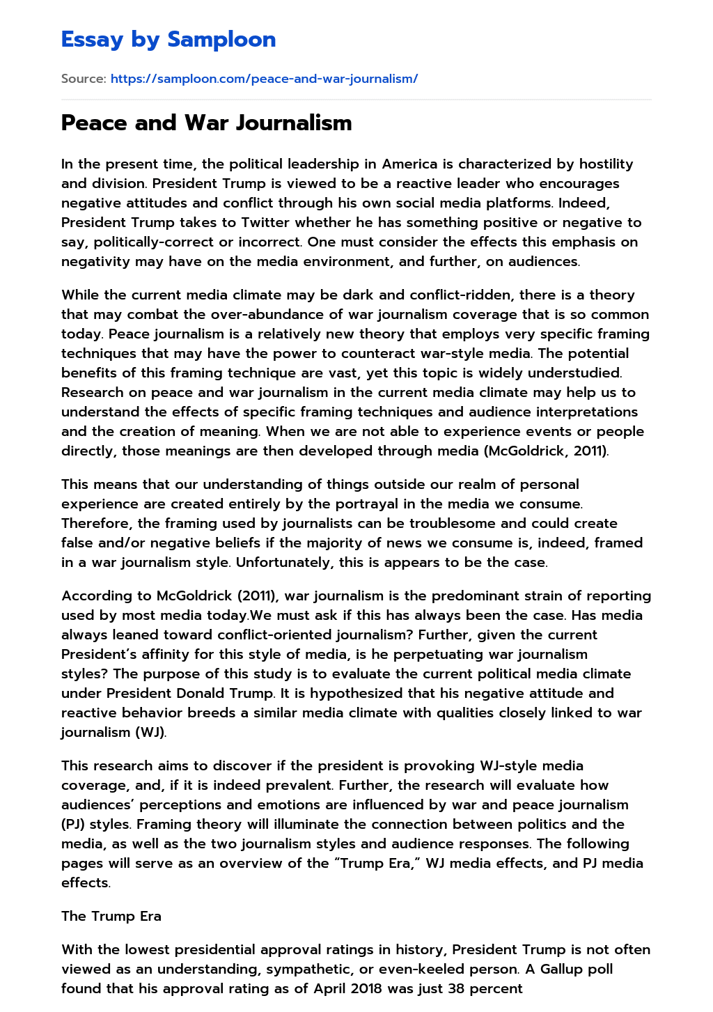 ≫ Peace and War Journalism Free Essay Sample on