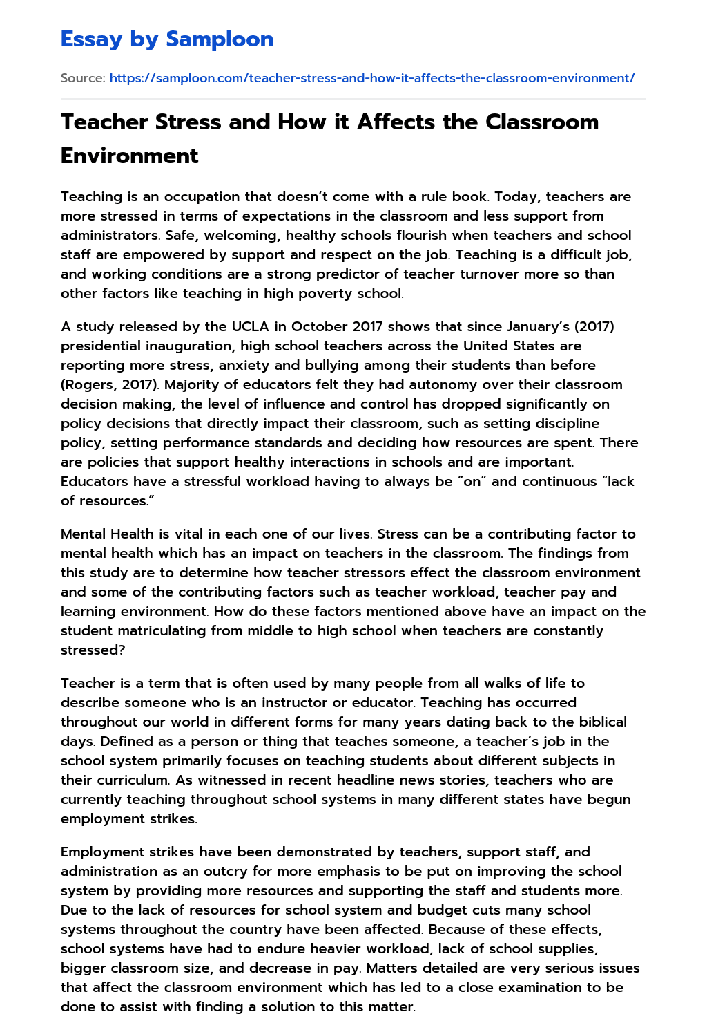 ≫ Teacher Stress and How it Affects the Classroom Environment Free