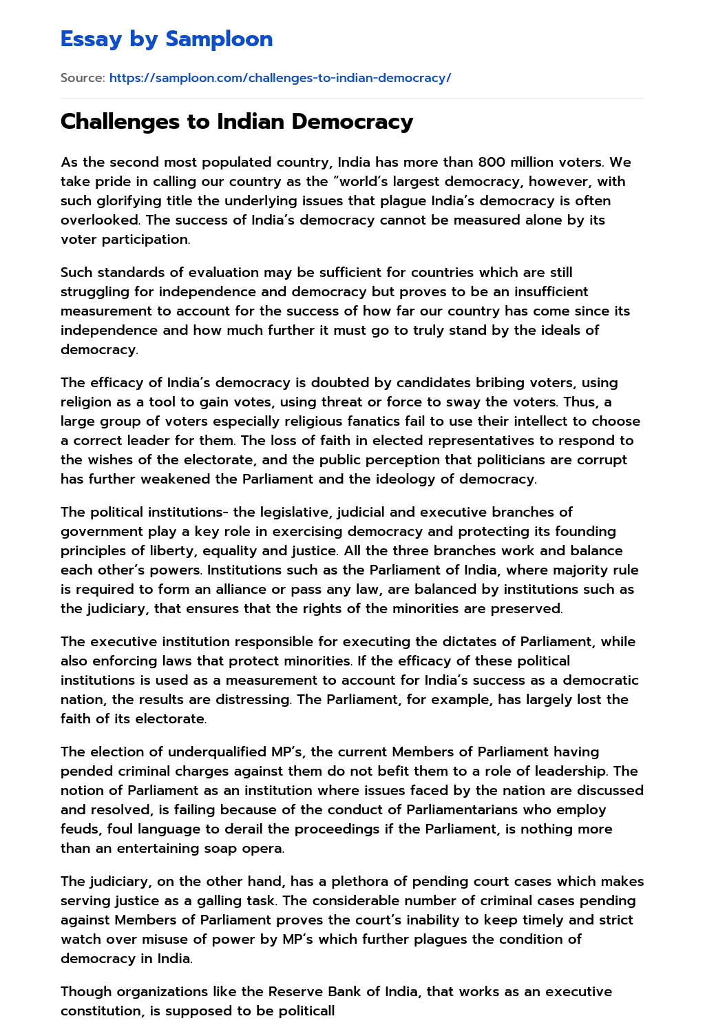 ≫ Challenges to Indian Democracy Free Essay Sample on