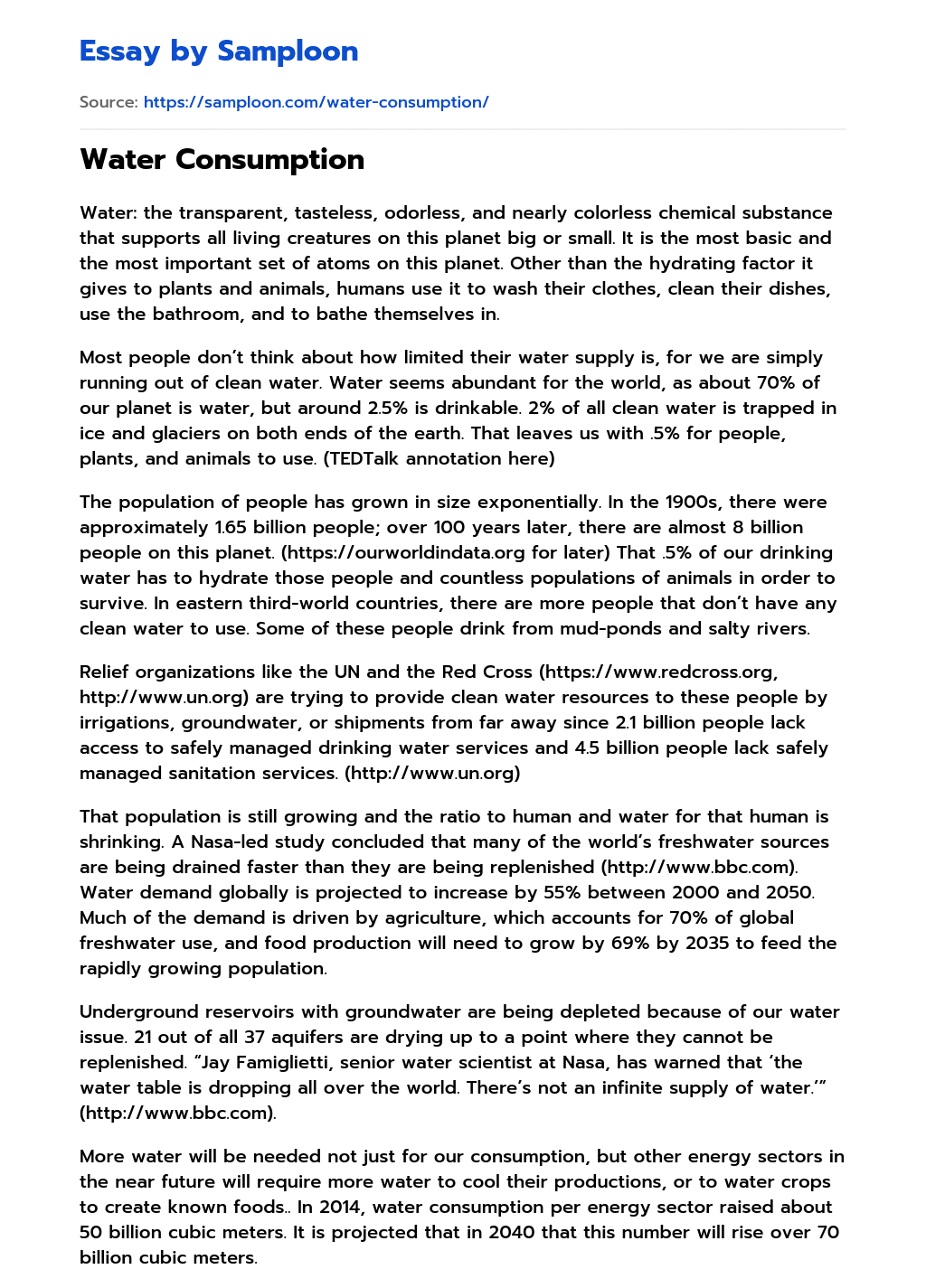 ≫ Water Consumption Free Essay Sample on