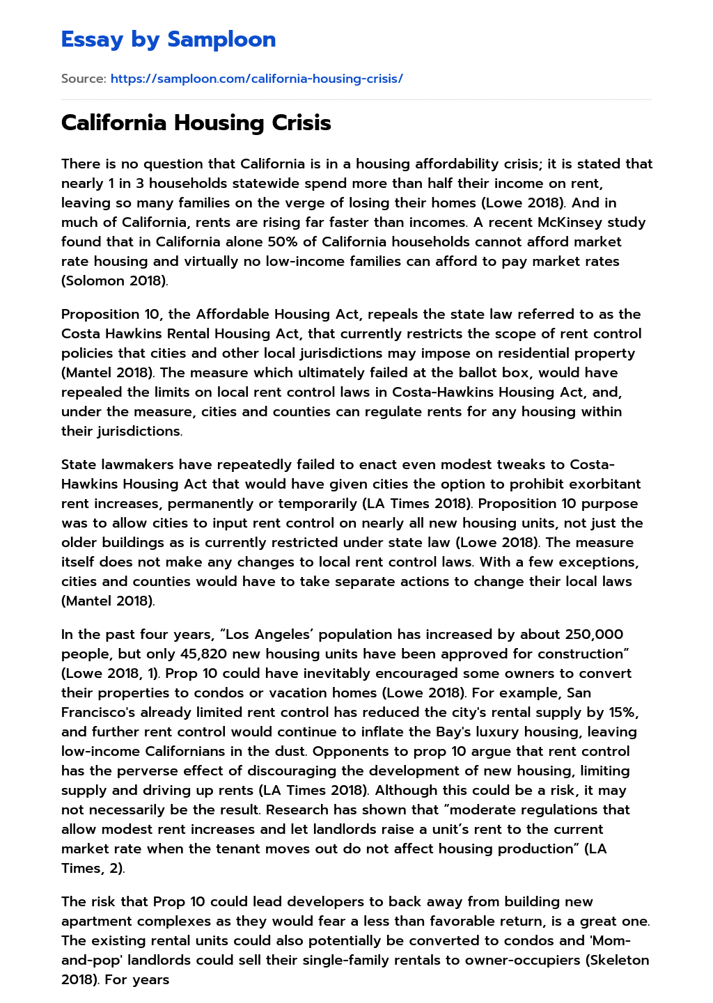 ≫ California Housing Crisis Free Essay Sample on