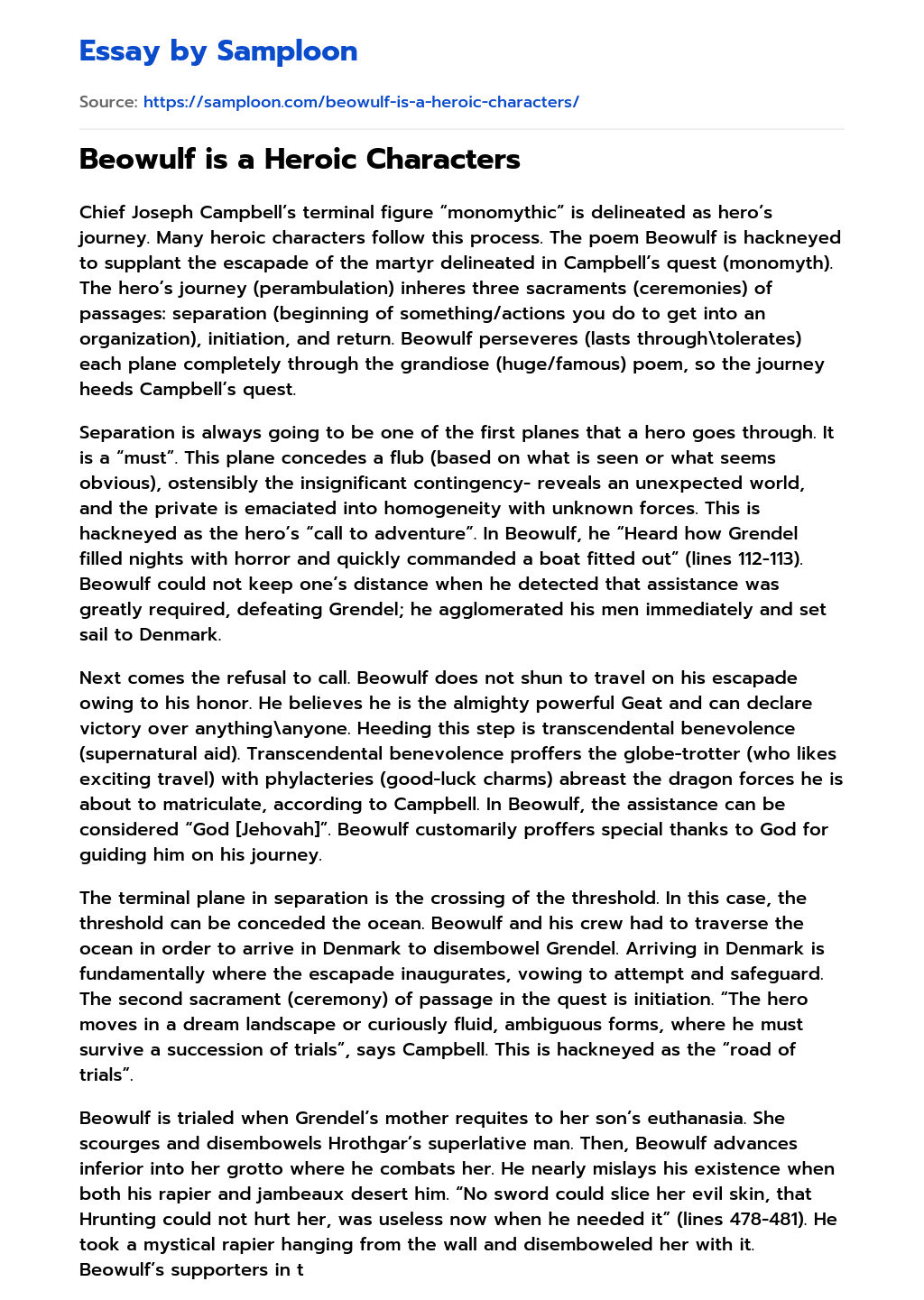 ≫ Beowulf is a Heroic Characters Free Essay Sample on