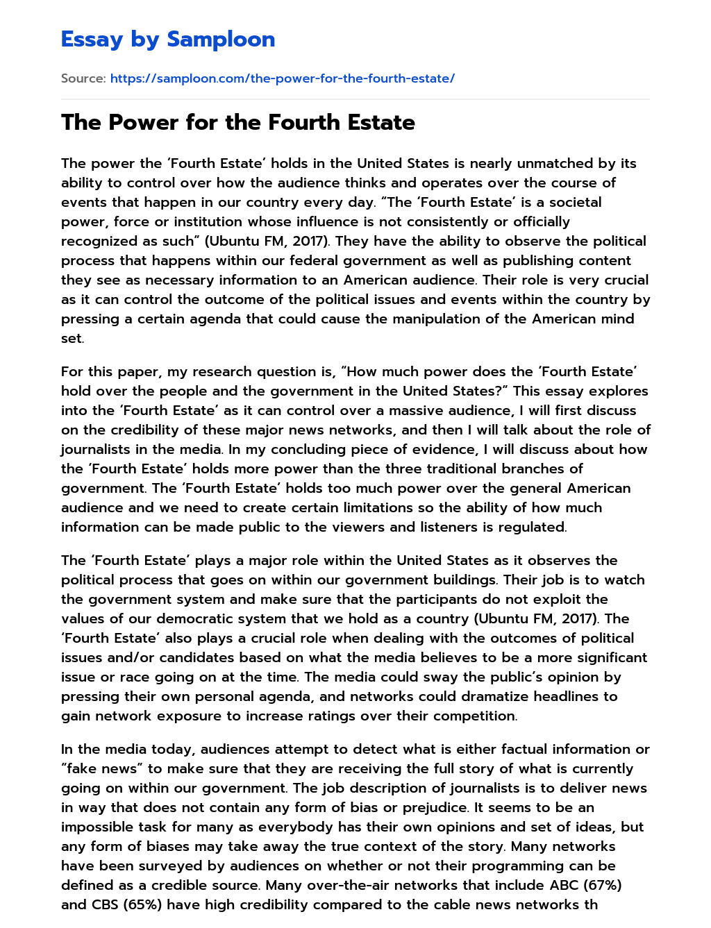 ≫ The Power for the Fourth Estate Free Essay Sample on