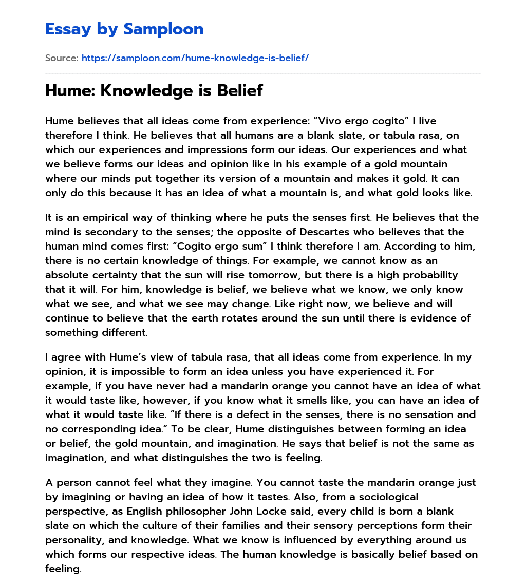 ≫ Hume Knowledge is Belief Free Essay Sample on