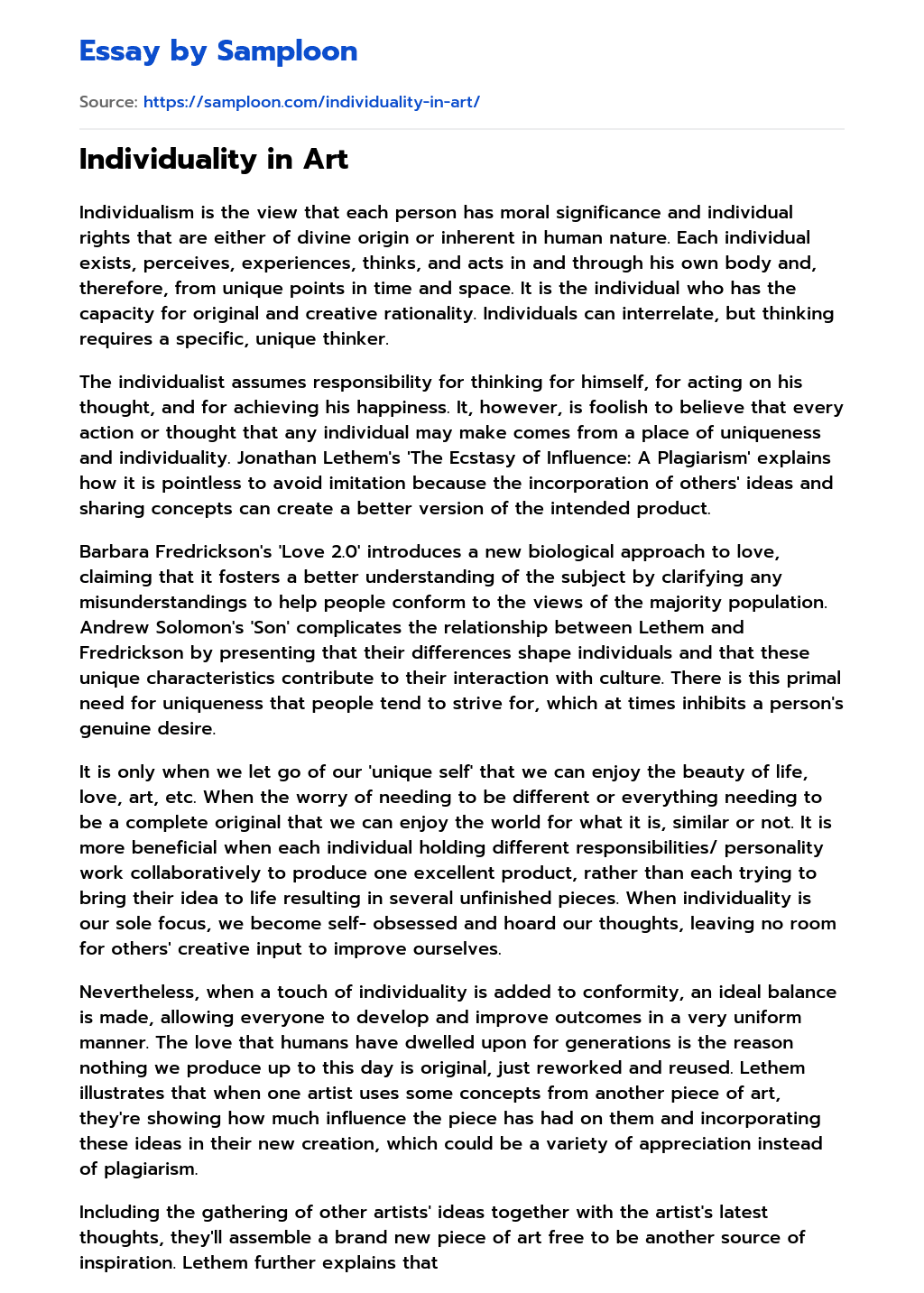 ≫ Individuality in Art Free Essay Sample on
