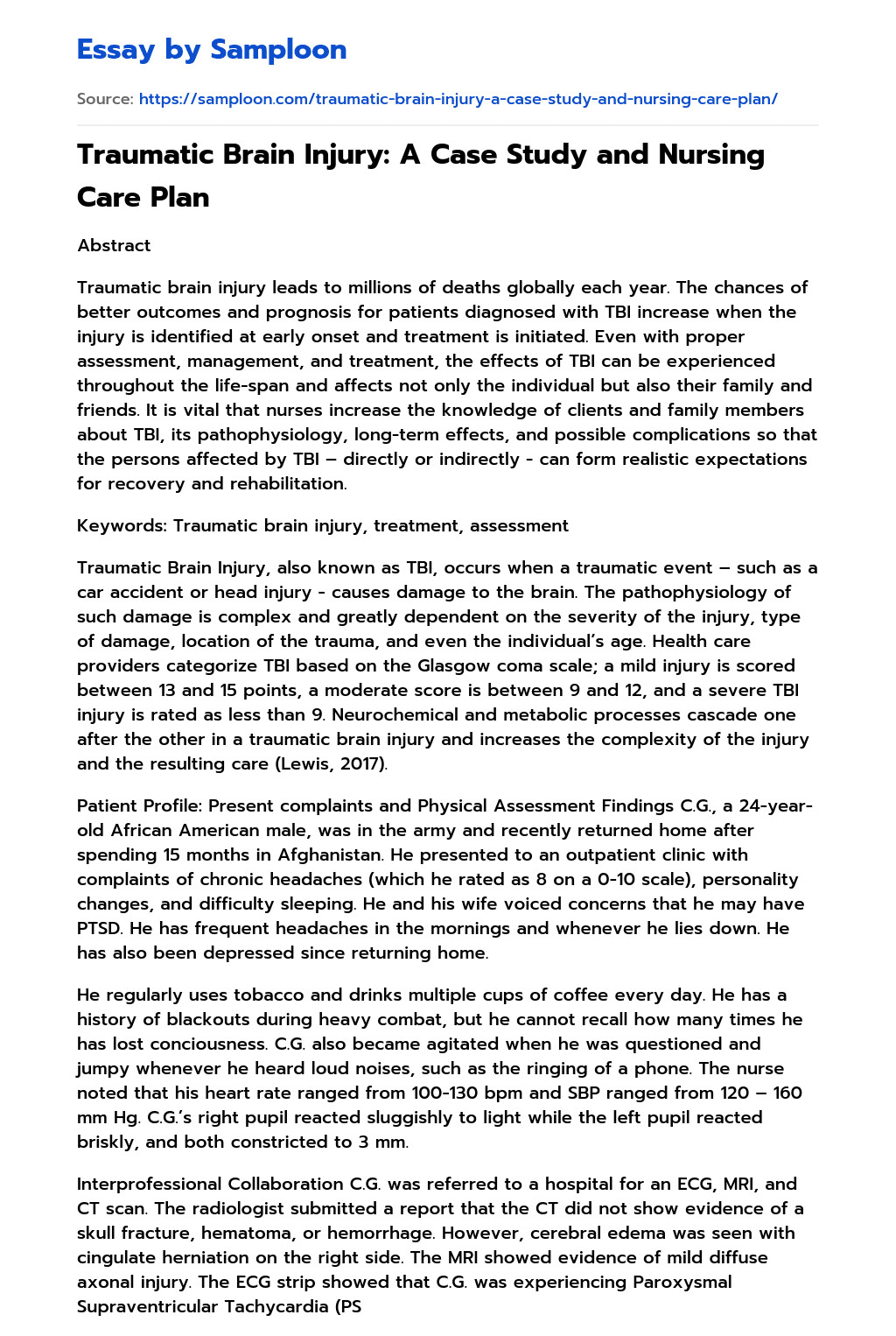 ≫ Traumatic Brain Injury A Case Study and Nursing Care Plan Free Essay