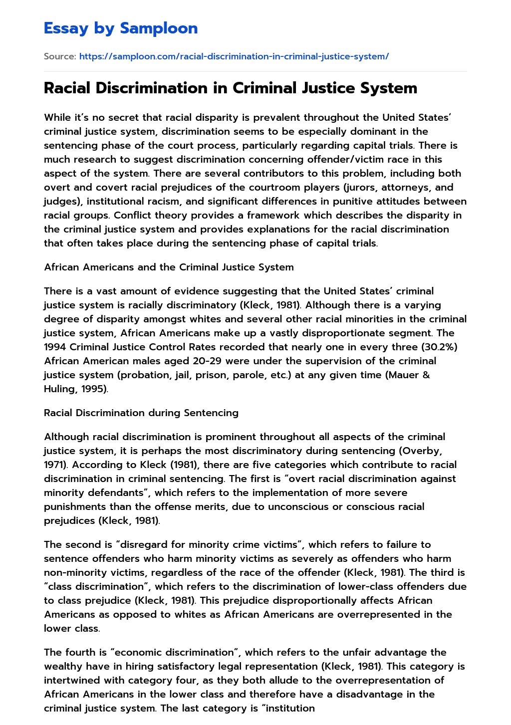 ≫ Racial Discrimination in Criminal Justice System Free Essay Sample on