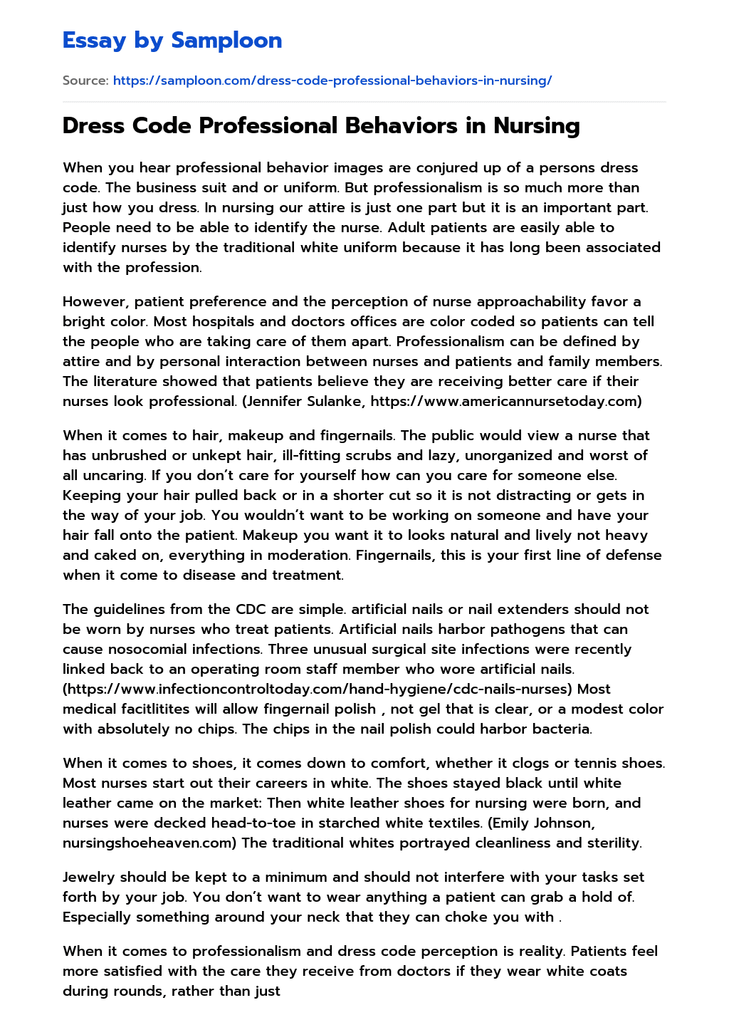 ≫ Dress Code Professional Behaviors in Nursing Free Essay Sample on