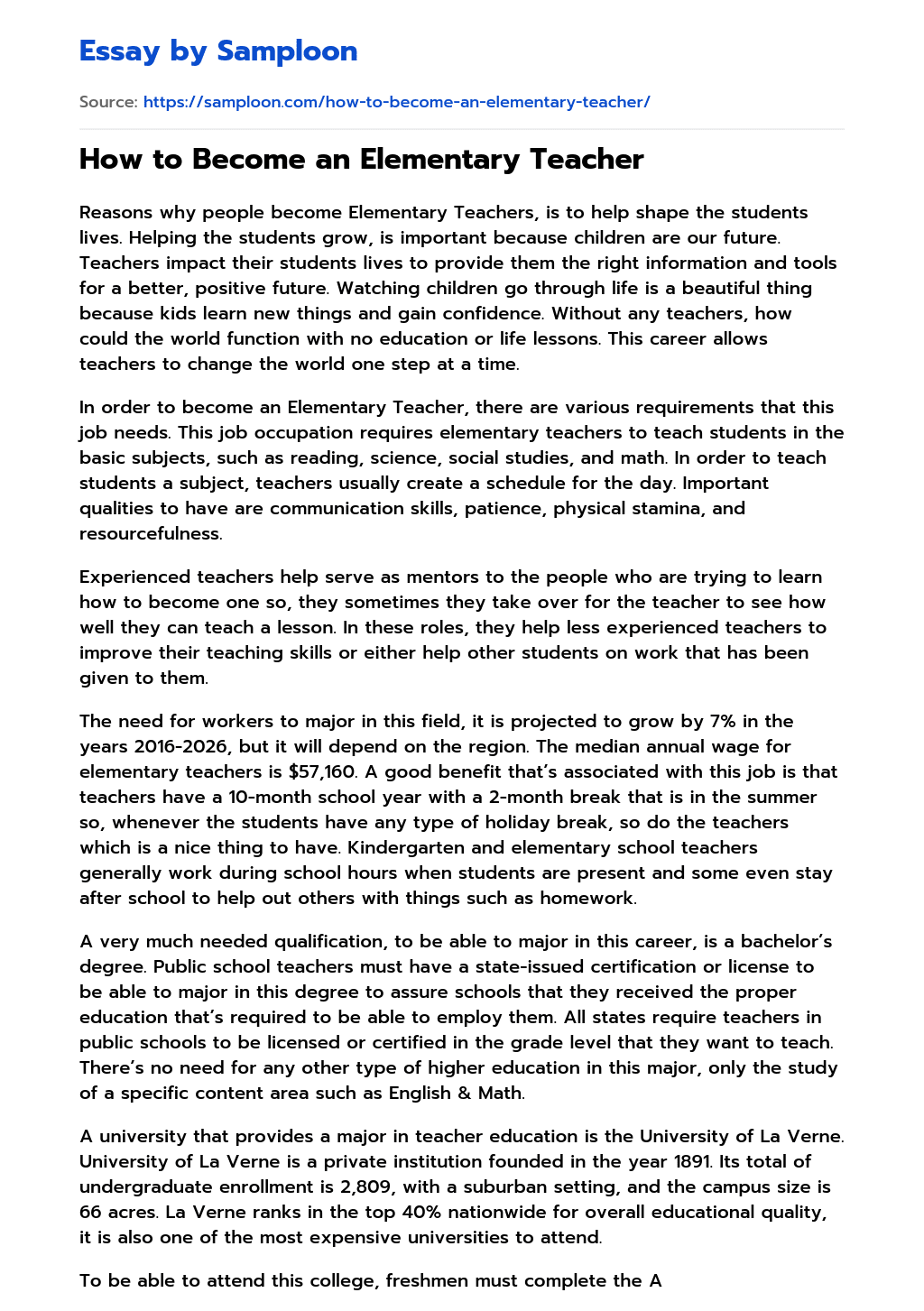 ≫ How to an Elementary Teacher Free Essay Sample on