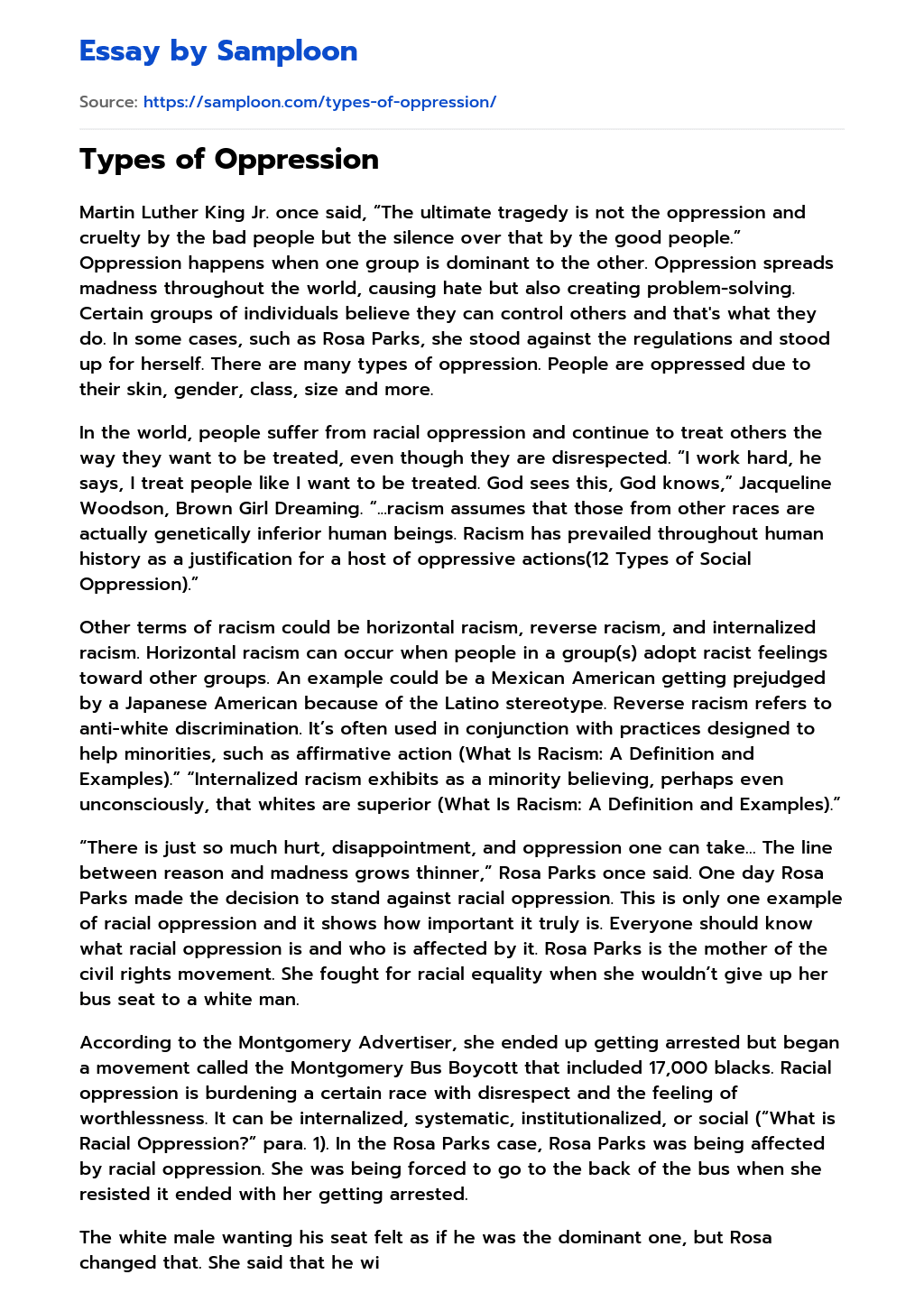 ≫ Types of Oppression Free Essay Sample on