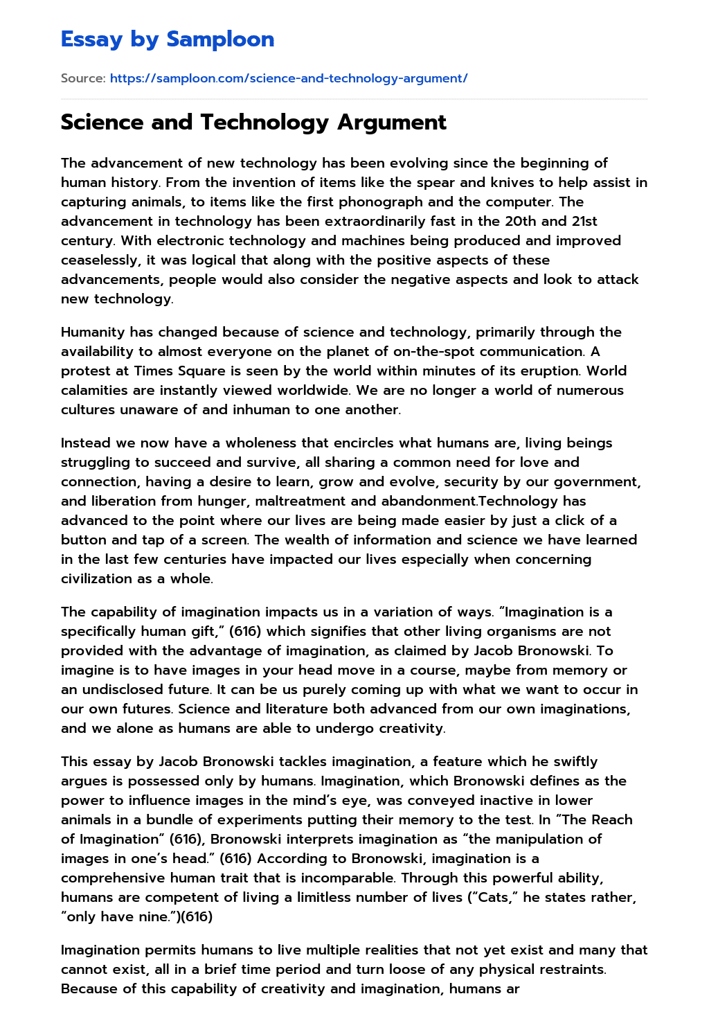 ≫ Science and Technology Argument Free Essay Sample on