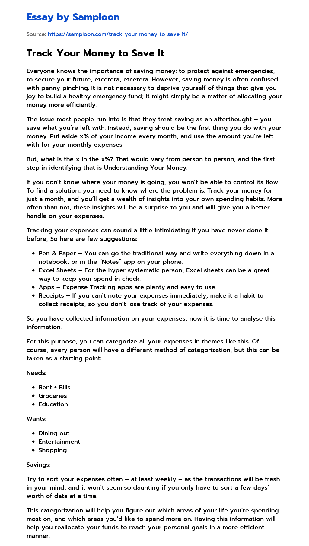 ≫ Track Your Money to Save It Free Essay Sample on