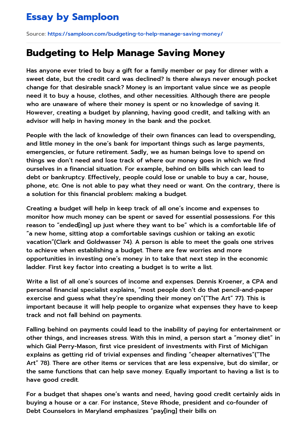 ≫ Budgeting to Help Manage Saving Money Free Essay Sample on