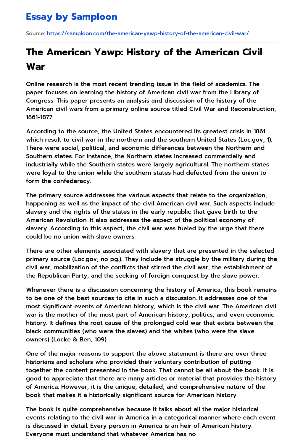 ≫ The American Yawp History of the American Civil War Free Essay Sample on