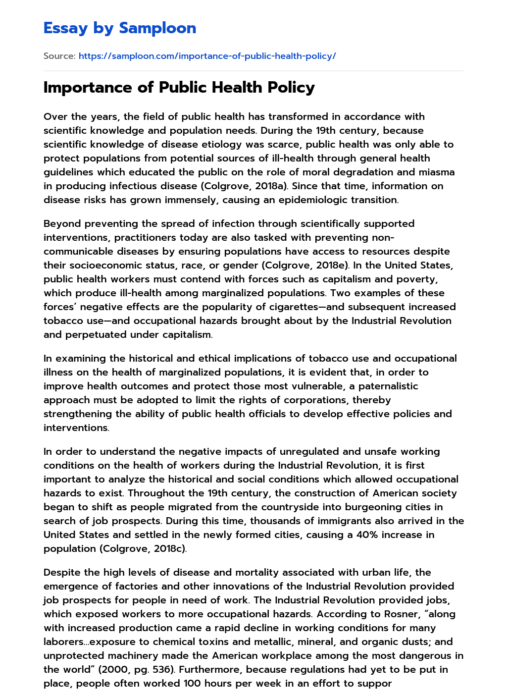 ≫ Importance of Public Health Policy Free Essay Sample on