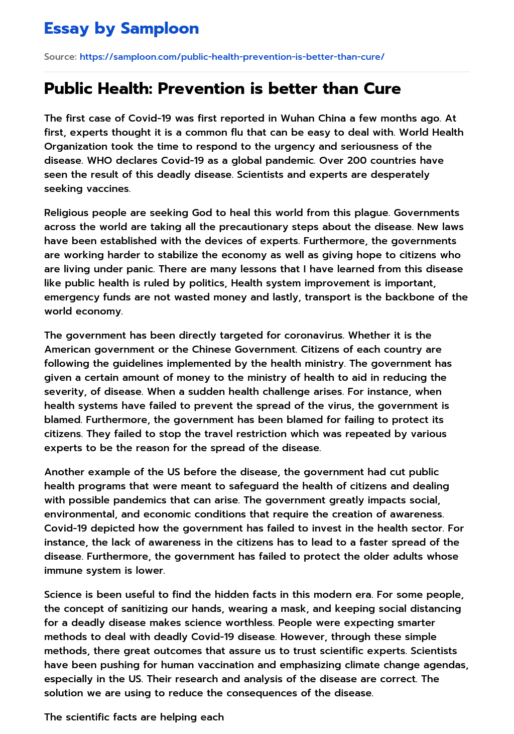 ≫ Public Health Prevention is better than Cure Free Essay Sample on