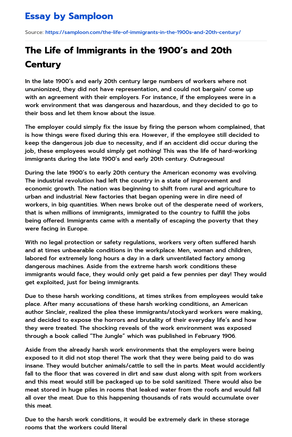 ≫ The Life of Immigrants in the 1900’s and 20th Century Free Essay