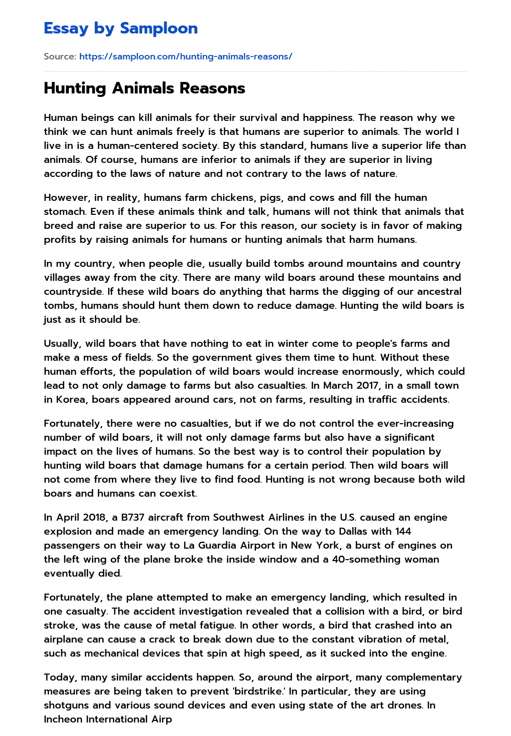 ≫ Hunting Animals Reasons Free Essay Sample on